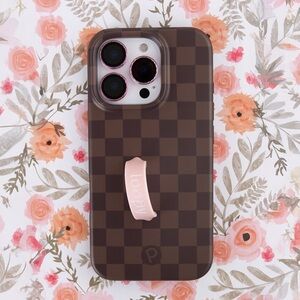 Loopy Case Brown Checkerboard Phone Case with Pink Loop Strap